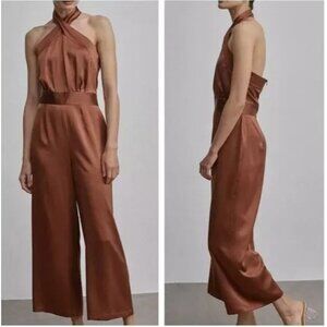 Satin Halter Wide-Leg Jumpsuit in Copper